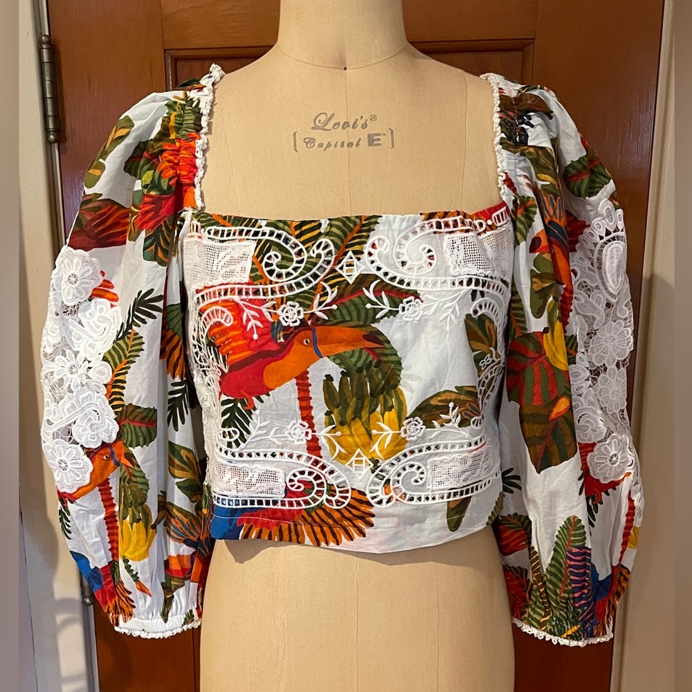 Off White Forest Birds Shirt from Farm Rio NWT